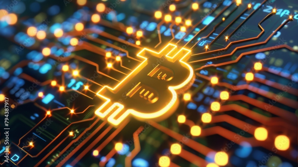 Poster glowing bitcoin symbol on circuit board