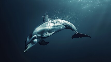 A bottlenose dolphin gracefully swims through the deep blue ocean.