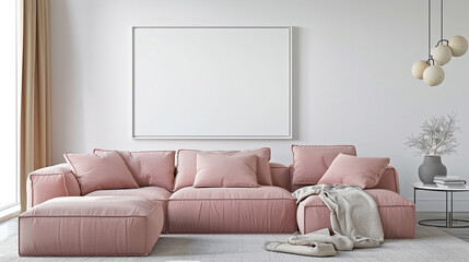 Soft hues dominate the interior of this contemporary living space, with a blush pink sofa complemented by a pristine white empty frame adorning the wall.