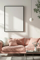 Soft hues dominate the interior of this contemporary living space, with a pale peach sofa and a clean white empty frame serving as focal points against the wall.