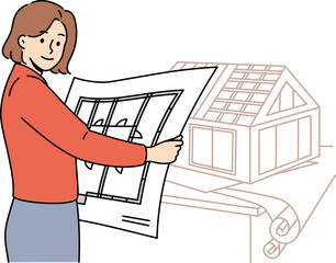 Woman architect creates engineering plans and models of future houses, working in construction office. Girl architect from architectural company holds room-by-room plan of mansion and looks at screen