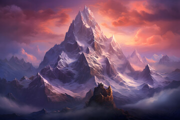 mountain at sunset, illustrated mountain with purple sunset - obrazy, fototapety, plakaty