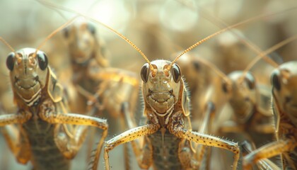 A close up of a group of locusts staring at the camera.