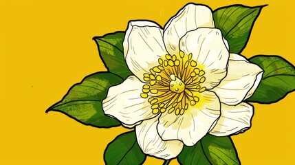   A white flower with green leaves against a yellow background