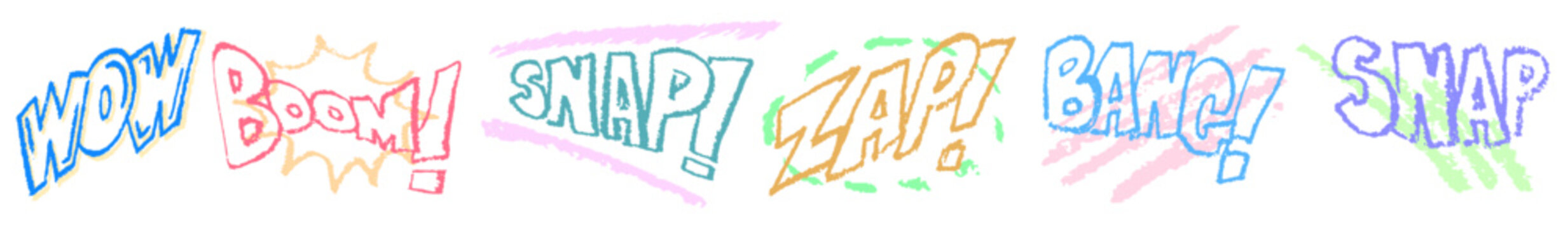 Anomatopoeia Set of colorful Batman comic style words with chalk texture in doodle effect handmade illustrations for design in a fun look with Crayon texture pencil effect. vector illustration