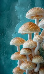Close-up of vibrant yellow mushrooms with a bright blue background and a copy space for advert text.