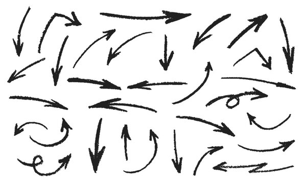 Set of different arrow shapes with chalk texture on black hand drawn doodle effect for design in presentations fun and lively visual with Crayon texture pencil effect. vector illustration