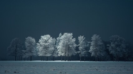 Snow forest. Forest. Midnight snow forest. Midnight dark background. Generative AI.