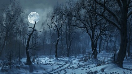 Snow forest. Forest. Midnight snow forest. Midnight dark background. Generative AI.