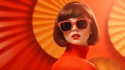 Young beautiful woman wearing big sunglasses. Creative 60s retro background.