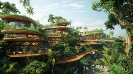 Fototapeta premium A lush green tropical landscape with a large building in the middle