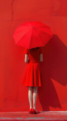  A woman in red skirt and shoes stands with her back to the camera, holding an umbrella over her head against a vibrant crimson wall. Color and texture contrast minimalism concept