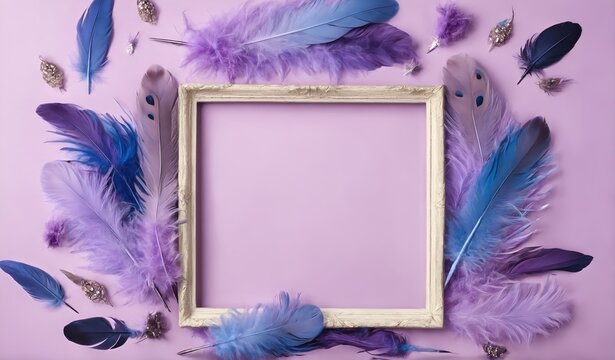 Soft feathers around empty foto frame. Copy space