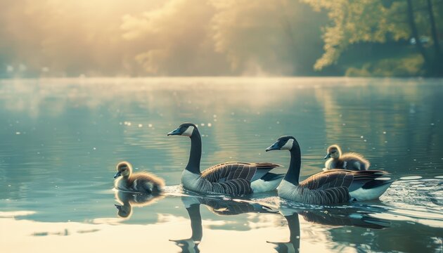 A family of geese swims in a lake on a misty morning.