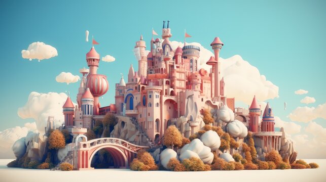 Enchanting landmark: a drawn fairytale castle with turrets, set in a scenic park.