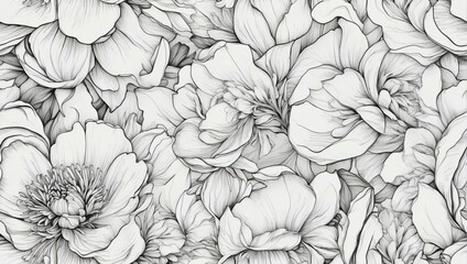 Seamless Pattern of Hand-Drawn Outline Peach Peony Flowers on White Background.