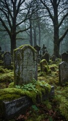 Misty atmosphere pervades old, eerie graveyard, where tombstones, aged, worn, almost reclaimed by nature. Moss, greenery creep over stone markers, testament to passage of time. In foreground.