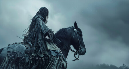 Fototapeta premium A haunting figure perched atop a horse their leather coat adorned with intricate silver buckles and with fringe. .