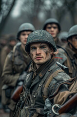 Fototapeta premium In a portrait inspired by a war scene, a soldier in a moment of intensity and determination. Soldier's face marked by the seriousness of battle.