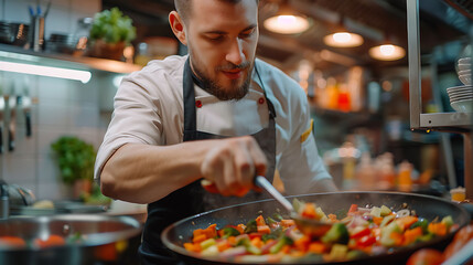 Caucasian male chef frying cut vegetables in pan in restaurant kitchen, copy space - Powered by Adobe