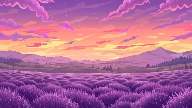   A sunset painting over a lavender field with mountains in the background and a bird flying in the sky