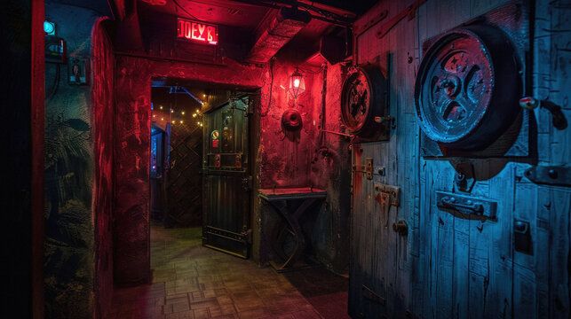 A dark room with a red sign that says DEZ