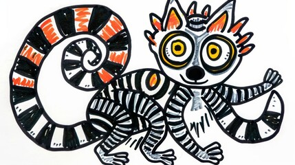   A cat drawing featuring a black-and-white feline with orange and white stripes, and another black-and-white cat sporting orange stripes
