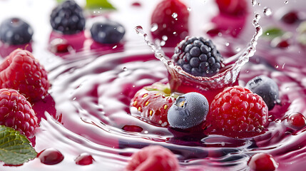 Circle berry juice splashes, round fruit and berry compote splash isolated on white background