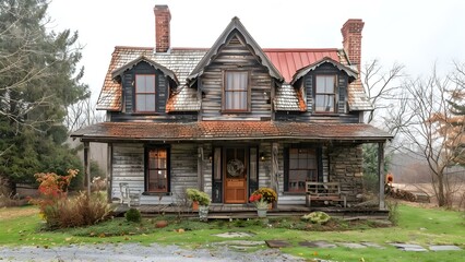 Charming vintage exterior and weathered gable of a rustic farmhouse in a rural setting. Concept Vintage Architecture, Rustic Farmhouse, Weathered Gable, Rural Setting, Charming Exterior