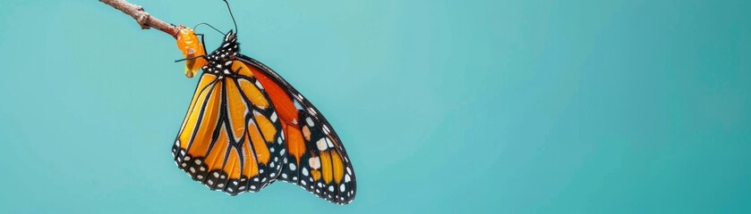 A monarch butterfly emerges from its chrysalis. - obrazy, fototapety, plakaty