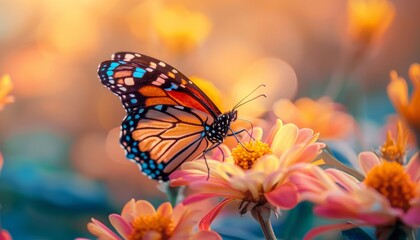 Fototapeta na wymiar A monarch butterfly on a pink flower with a blurred background of yellow and orange flowers.