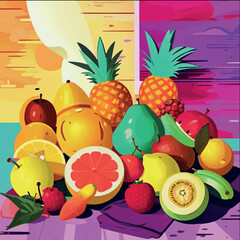 Adobe Illustrator Artwork fruits painted from a still life, detailed illustration, pastel colors, flora, hand-drawn fruits on the table, clipart on a white background, scattered watercolor, 
