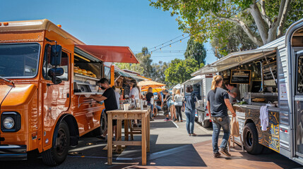 A busy street with food trucks and people