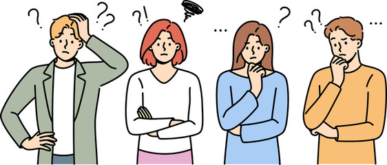 Confused people have learned unpleasant news are thinking about how to resolve issue. Confused guys and girls scratch chins or back of heads after receiving information about tax increases