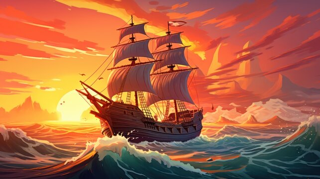 A ship sails through the ocean with a sunset in the background.