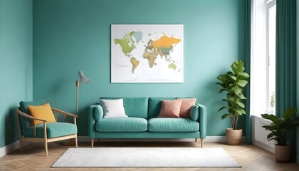 tylish scandinavian living room with design mint sofa furnitures mock up poster map plants and eleg.