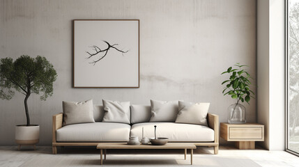 Scandinavian sophistication shines in this minimalist interior, with its inviting sofa, sleek coffee table, and an empty wall space providing a blank canvas for personalized decor or bespoke artwork.