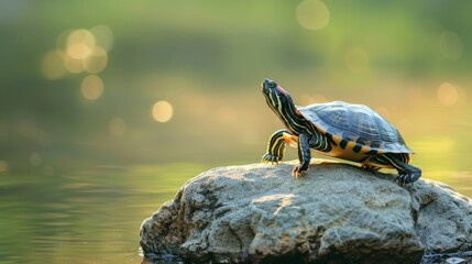 A turtle is sitting on a rock in the middle of a lake, sunning itself. - obrazy, fototapety, plakaty