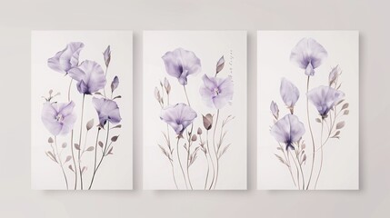 wedding invitation set, watercolor illustration of violet sweet pea flowers on white background, printable cards