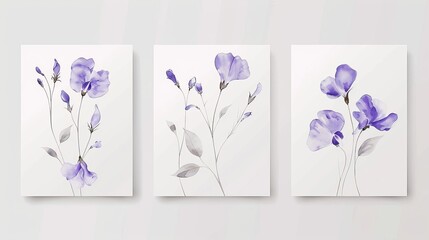 wedding invitation set, watercolor illustration of violet sweet pea flowers on white background, printable cards