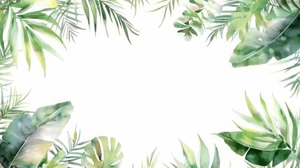 Watercolor tropical leaves frame on white background. Hand painted illustration, Watercolor hand painted frame with tropical green leaves and branches
