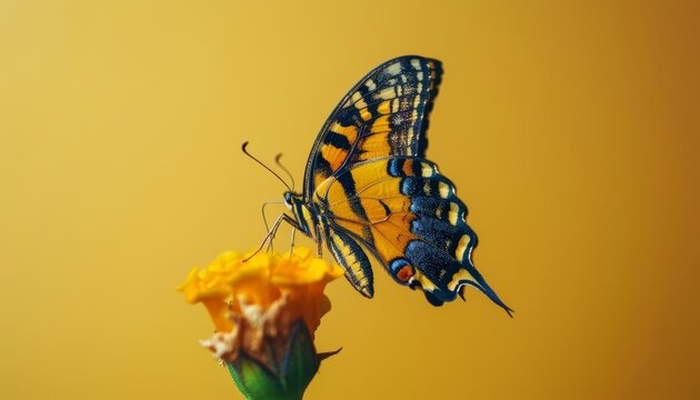 A yellow butterfly on a yellow flower with a yellow background.