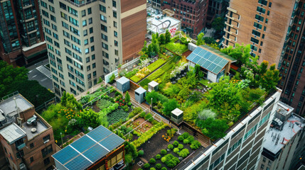 Naklejka premium A rooftop garden with a view of the city