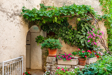 Fototapeta na wymiar Lama, a hilltop town nestled in the mountains. Balagne,Corsica, France. Typical little alley with flowers in Lama, a picturesque hillside village in Balagne, Corsica