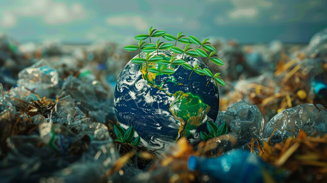 Earth cartoon trapped in plastic, pleading for help, a powerful eco-awareness message