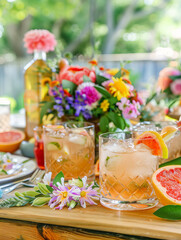 A wooden table set with grapefruit cocktails and a beautiful flower centerpiece.