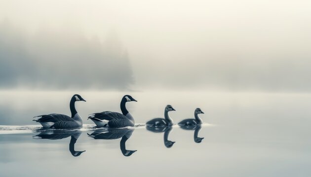 Four geese swimming in a foggy lake