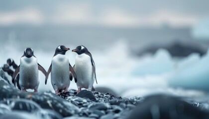 Gentoo penguins on a rocky beach