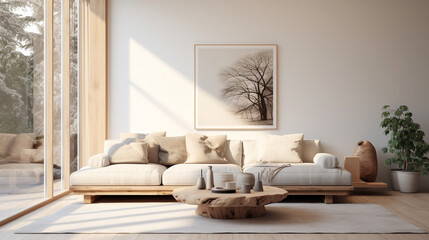 Natural light bathes this Scandinavian-inspired interior, highlighting a comfortable sofa, stylish coffee table, and an empty wall space ready to be transformed with personalized decor or artwork.