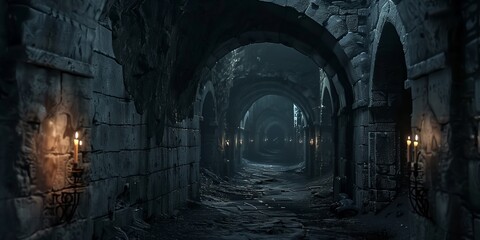 Dark dungeon illustration backgrounds, scary endless medieval catacombs with torches. Mystical nightmare concept. 
